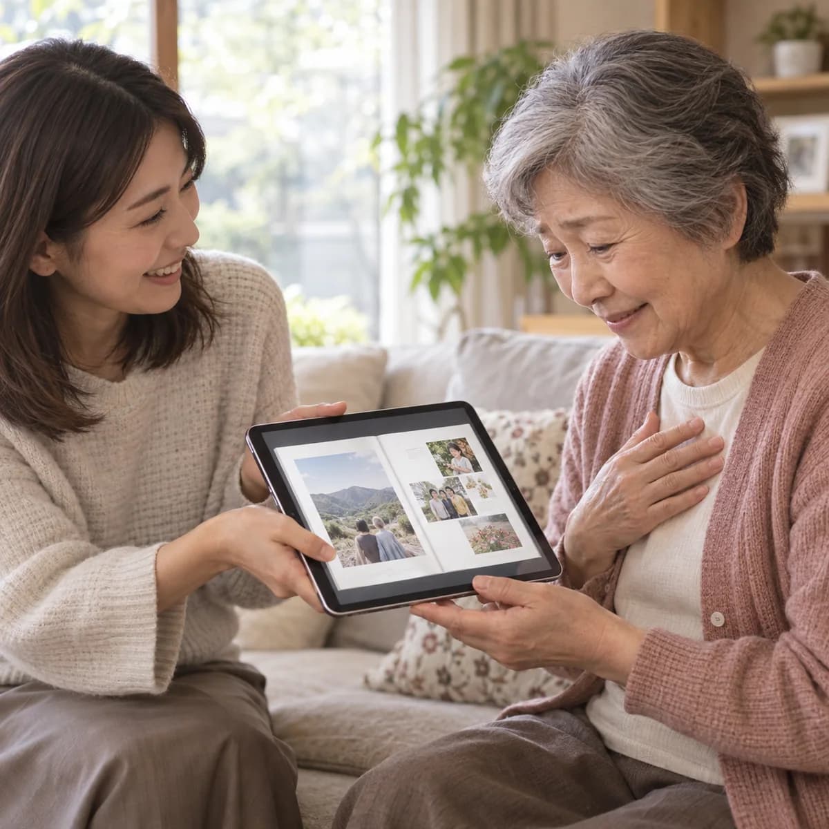 家族がタブレットで思い出の一冊を読む様子のイメージ