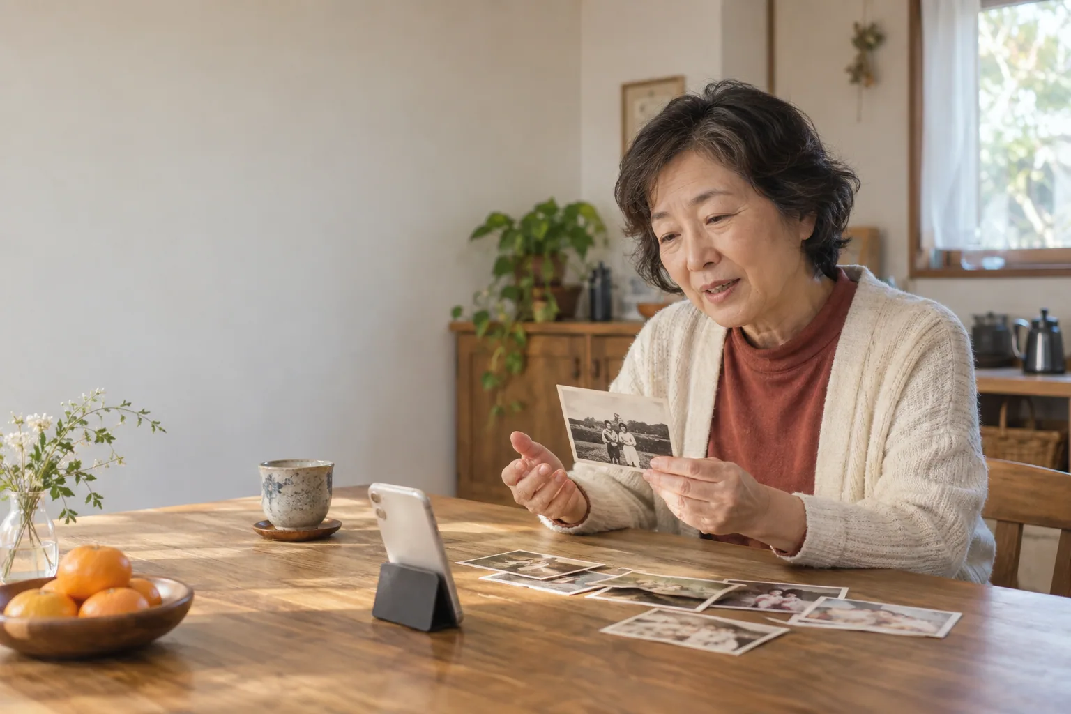 昔の写真を手に、家族と思い出を話す様子のイメージ