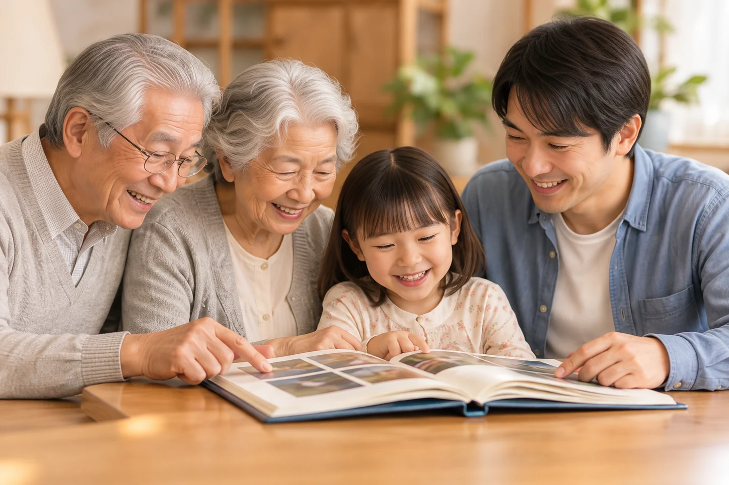 祖父母と父、娘が、一冊のアルバムを一緒に読み返す。