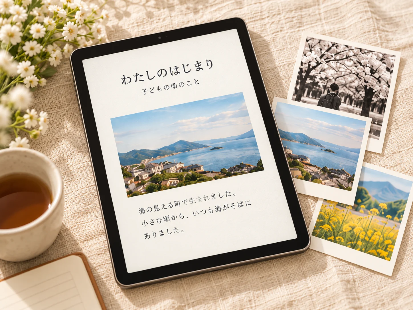 写真を添えた思い出のページを、タブレットで読み返すイメージ。
