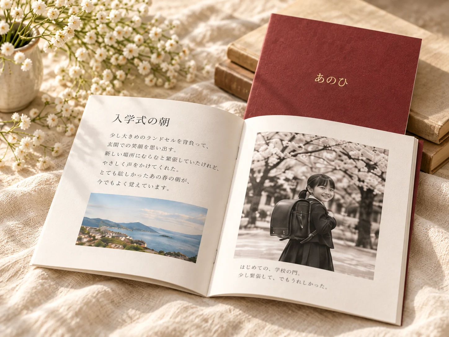 写真と文章を収めた、薄い紙表紙のテーマブックの完成イメージ。