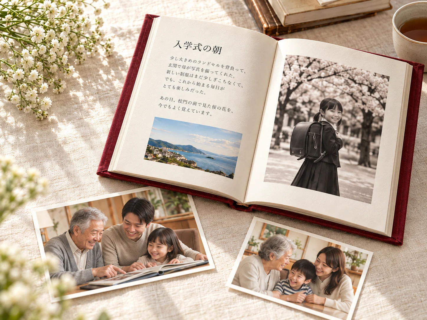 桜の下の入学写真と海辺の思い出を綴った本。そばに家族の写真を添えて。
