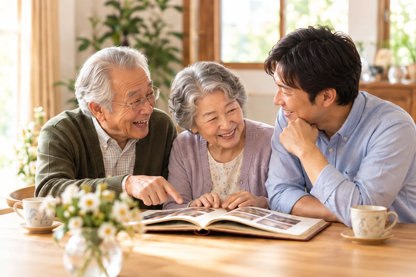 祖父母と息子が、アルバムを囲んで笑い合う。